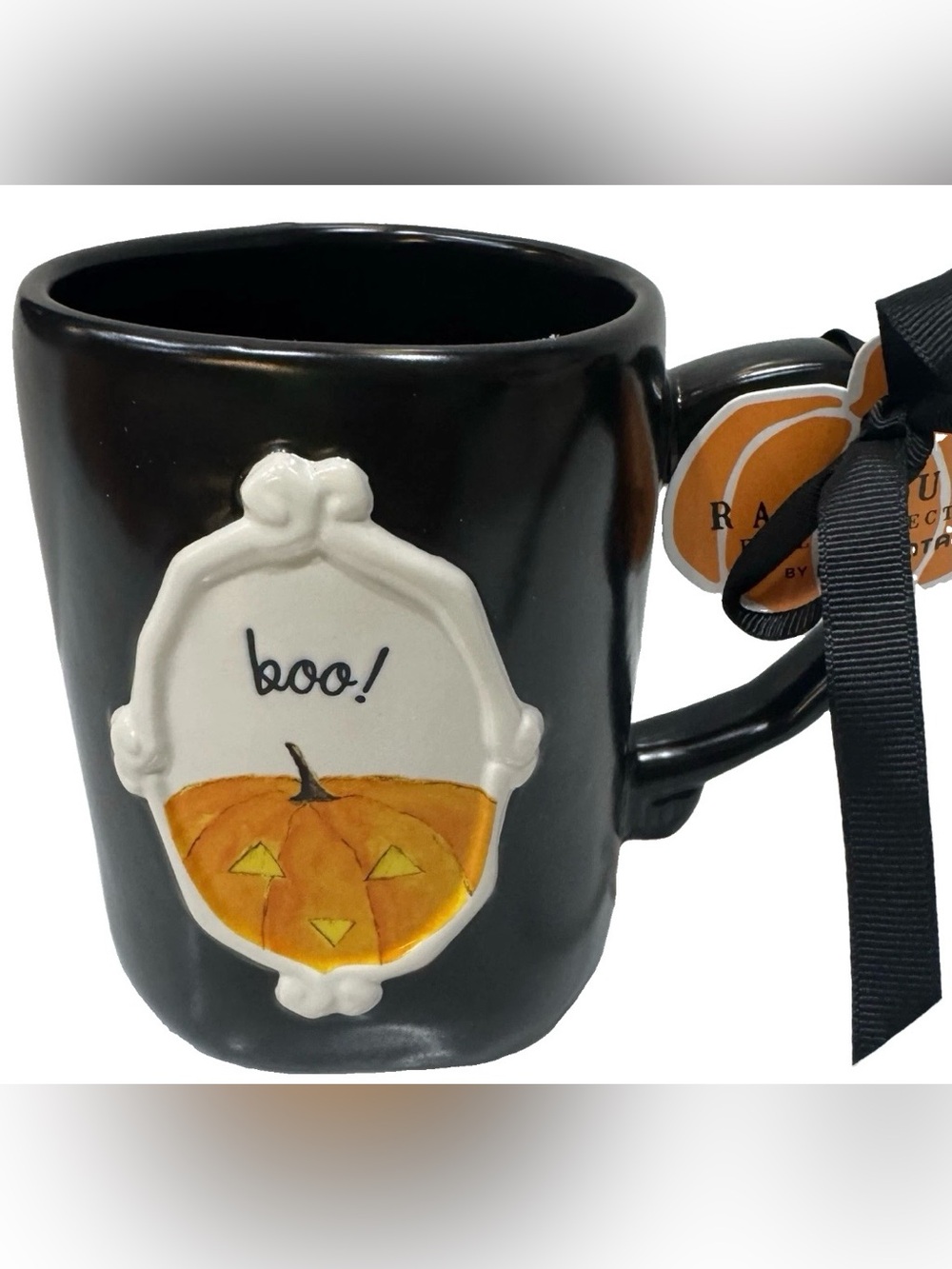Rae Dunn Black Halloween Coffee Mug w/Victorian Framed Pumpkin “Boo” NWT
